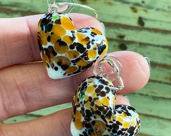 Glass Lampwork Earrings, Leopard Hearts 25mm