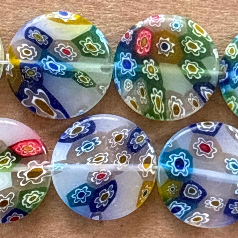 Millefiori Glass White 20mm Bead Strand, Flat Round, Large Millefiori image 2