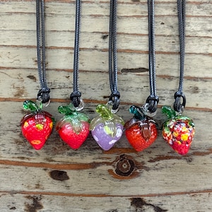 Lampwork Strawberry Necklace, 30mm Glass Berry on Black Cord