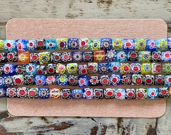 Millefiori Flat Square 6mm Flower Glass Bead Strands, Mixed Color