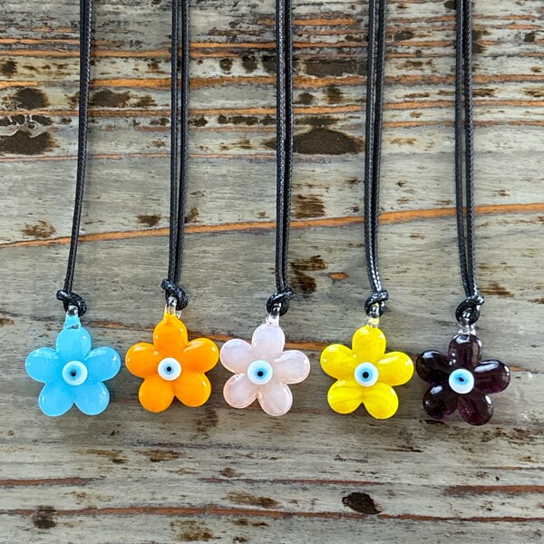 Glass Flower Necklace with a Lucky Little Nazar Evil Eye in the Center