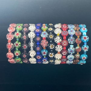 Millefiori Flower Bracelets, Perfect for Stacking, Multicolor Glass 10mm Beads