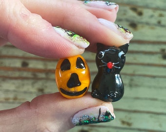 Lampwork Halloween Beads, Black Cat and Jack-O-Lantern Pumpkins, 20mm