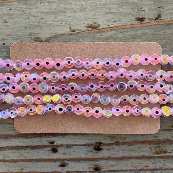 Evil Eye Glass Bead Strands, Pink Electroplated 6mm Nazar Beads