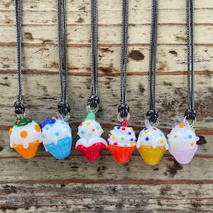 Lampwork Cake Necklace, Lampwork Glass 35mm Cup Cakes on Black Cord, Perfect Bakers Gift!