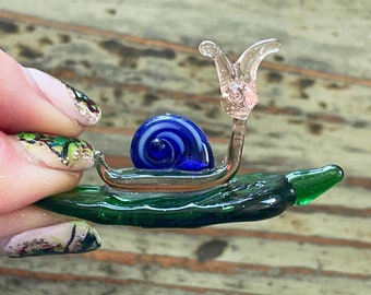 Murano Lampwork Glass Snail, Green Garden Ladybug 2”, Display, Decoration, Figurine