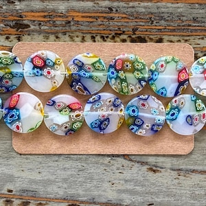 Millefiori Glass White 20mm Bead Strand, Flat Round, Large Millefiori image 1