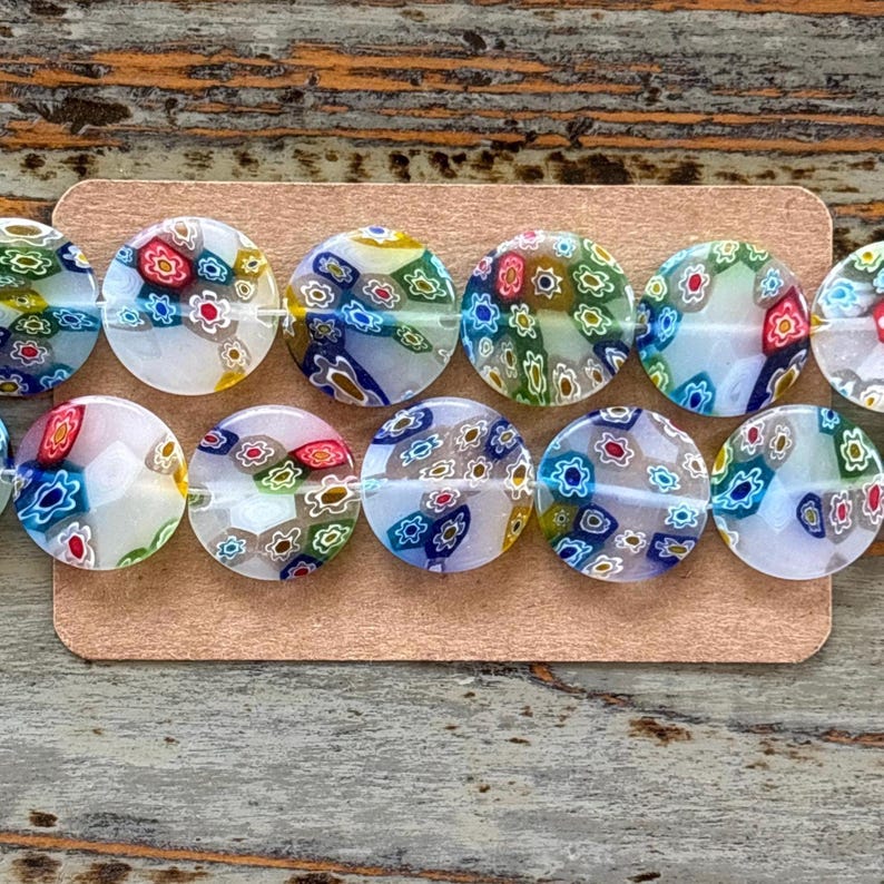Millefiori Glass White 20mm Bead Strand, Flat Round, Large Millefiori image 1