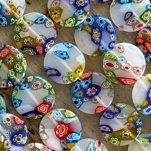 Millefiori Glass White 20mm Bead Strand, Flat Round, Large Millefiori image 7
