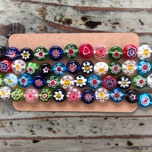 Millefiori 10mm Flower Glass Bead Strands, Mixed Color Flat Round
