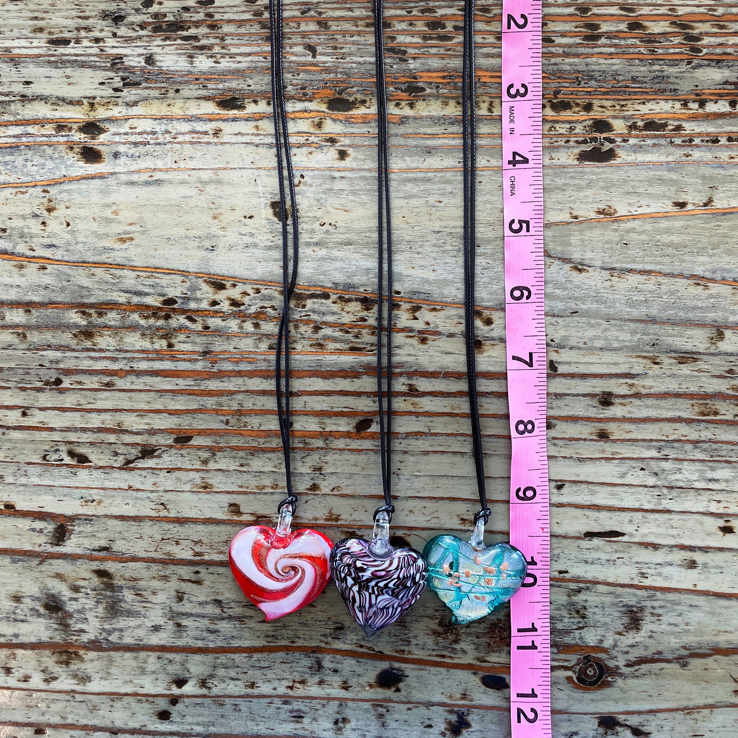 Glass Heart Necklace, Black Corded Choker 35~45mm Lampwork