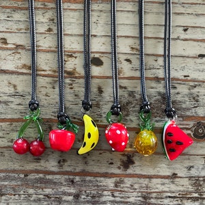 Lampwork Glass Fruit Necklace, 30mm Cherries, Watermelon, Banana, Apple, Strawberry and Pineapple on Black Cord