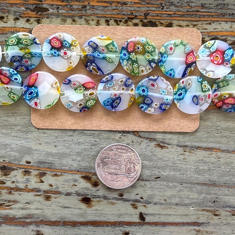 Millefiori Glass White 20mm Bead Strand, Flat Round, Large Millefiori image 8