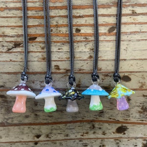 Glass Mushroom Necklace, Lampwork Glass 30mm Mushrooms on Black Cord