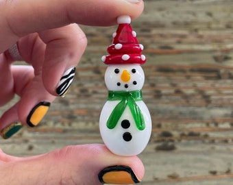 Lampwork Glass Snowman, 2” Lampwork Glass Winter Snowman