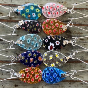 Millefiori Drop Earrings, Multicolor Glass Flower Earring