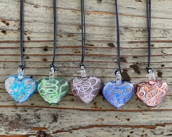Lampwork Glass Heart Necklace, Black Corded Choker 44mm Hearts