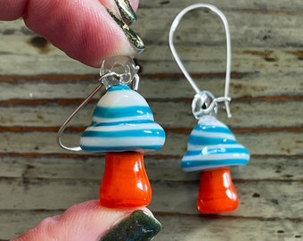 Glass Lampwork Earrings, Orange and Blue Mushrooms, 25mm