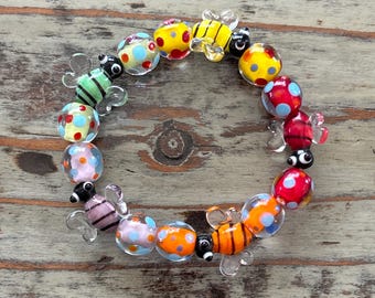 Lampwork Bi Armband, Glas Färgglada Bi Pärlarmband