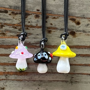Glass Mushroom Necklace, Lampwork Glass 32mm Mushrooms on Black Cord