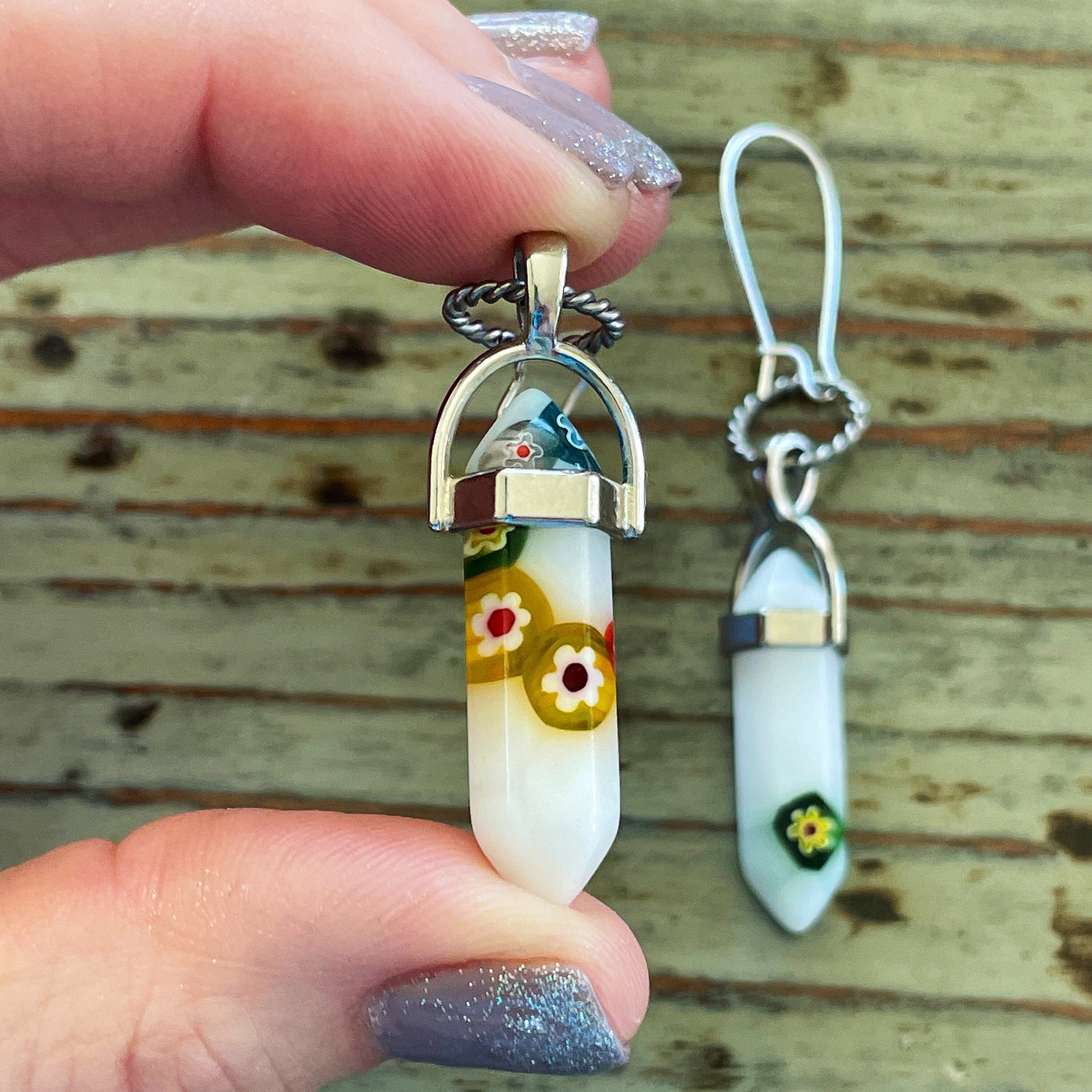SOLD◇ハンドメイド ミルフィオリ イヤリング ピアス ガラス 白 花柄