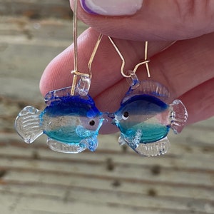 Glass Lampwork Fish Earrings, Blue Fish in a Sea of Green, 20mm