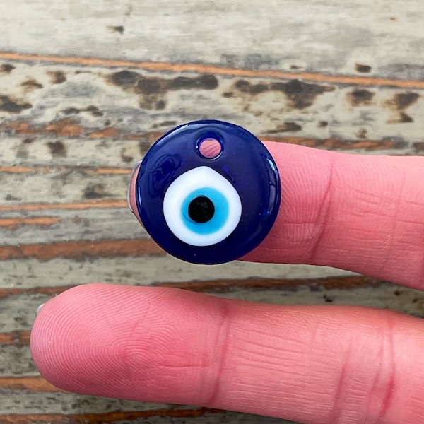 Evil Eye Pendants, Flat Round Glass Blue Nazar, 20mm