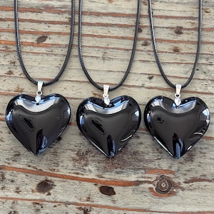 Black Heart Glass Necklace, 42mm Large Heart Pendant on Black Cord