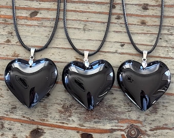 Black Glass Heart Necklace: Large 42mm Pendant on Cord