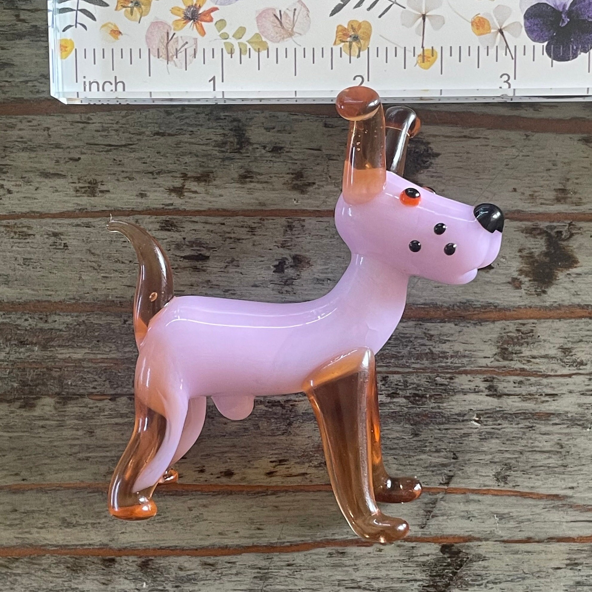 Lampwork Glass Dog Figurine: Pink and Amber, 3