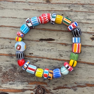 Krobo Glass Beaded Bracelets, Beautiful, Colorful 7” African Trade Bead Bracelet