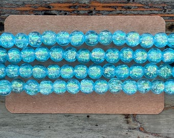 Lampwork Glass Bead Strands, Blue Silver Foil Round, 8mm