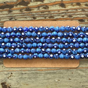 Millefiori Lampwork 6mm Round Glass Bead Strands, Blue Star
