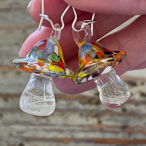 Glass Lampwork Earrings, Clear Rainbow Mushrooms, 25mm