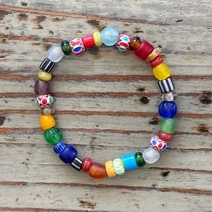 Krobo Glass Beaded Bracelets, Beautiful, Colorful 7” African Trade Bead Bracelet