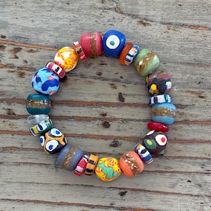 Krobo Glass Beaded Bracelets, Beautiful, Colorful 7” African Trade Bead Bracelet
