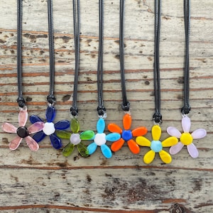 Glass Flower Necklace-Lampwork Flower Pendants 35mm on Black Cord