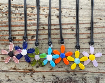 Glass Flower Necklace-Murano Flower Pendants 35mm on Black Cord