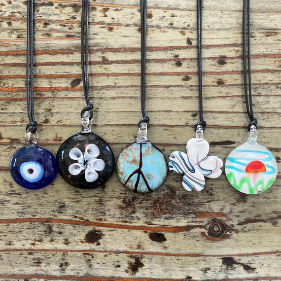 Pendant Necklace, Glass Good Luck Charms on Black Corded Necklace