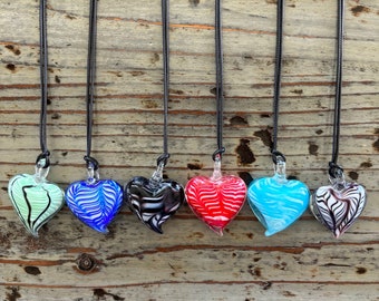 Lampwork Heart Necklace, Glass Hearts on Black Corded Choker