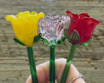 Murano Glass Flower Rose Stems-Beautiful Lampwork Flowers 7”