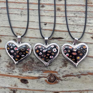 Black Heart Glass Necklace, Classic Millefiori Heart Pendant on Black Cord