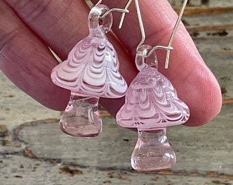 Glass Mushroom Earrings, Lampwork Pink Mushrooms, 25mm