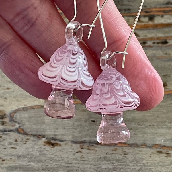 Glass Mushroom Earrings, Lampwork Pink Mushrooms, 25mm