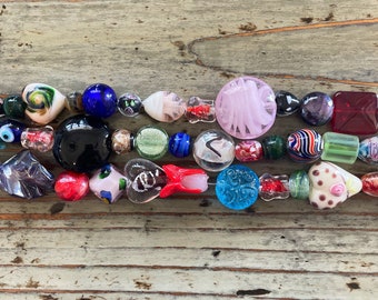 Murano Lampwork Glass Bead Strands, Mixed Shapes, Colors, Sizes Multi Colored Beads, 12mm~24mm