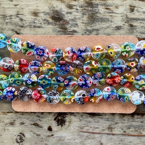 Millefiori Flower Bead Strands, Glass Mixed Color Flat Round 10mm