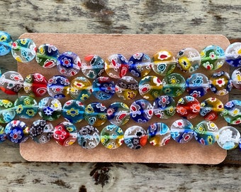 Millefiori Flower Bead Strands, Glass Mixed Color Flat Round 10mm