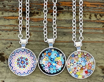 Millefiori Necklace, Silver Chain with Glass 30mm Discs