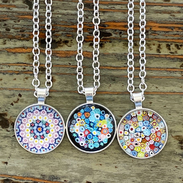 Millefiori Necklace, Silver Chain with Glass 30mm Discs