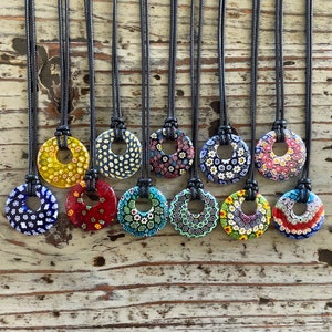 Millefiori Flower Necklace: Black Corded Glass Disc Pendant